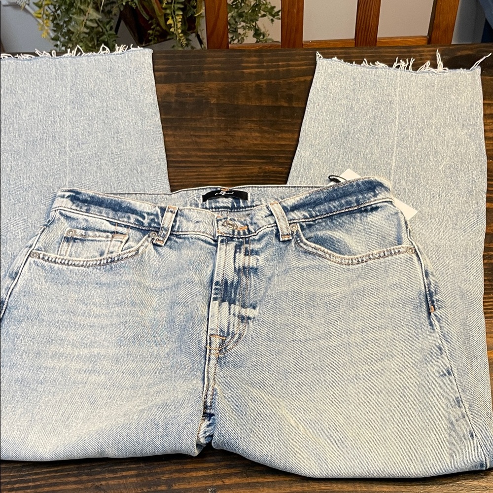 7 For All Mankind Light Blue Denim  with Frayed Raw Hem - Picture 4 of 9